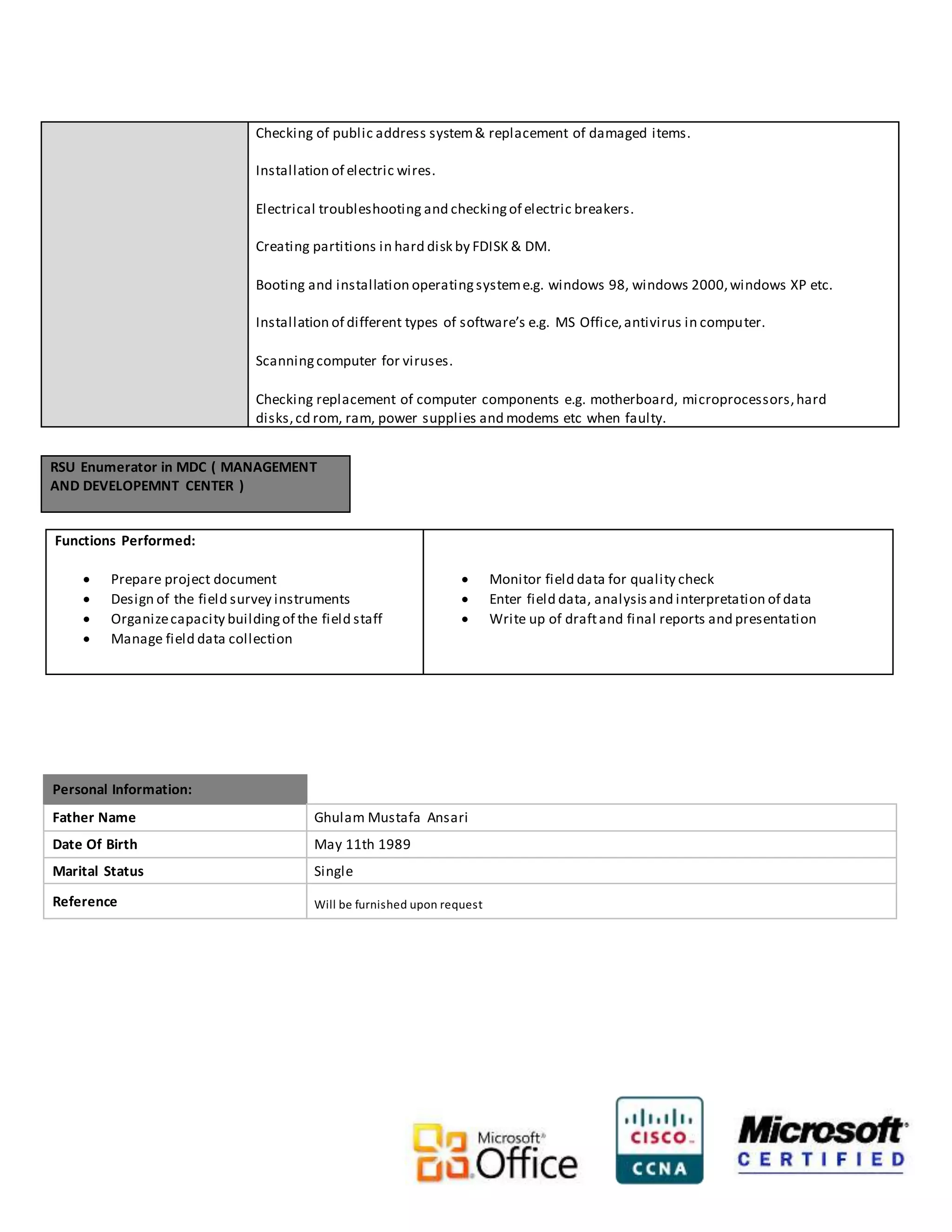 Checking of public address system & replacement of damaged items. 
Installation of electric wires. 
Electrical troubleshooting and checking of electric breakers. 
Creating partitions in hard disk by FDISK & DM. 
Booting and installation operating system e.g. windows 98, windows 2000, windows XP etc. 
Installation of different types of software’s e.g. MS Office, antivirus in compu ter. 
Scanning computer for viruses. 
Checking replacement of computer components e.g. motherboard, microprocessors, hard 
disks, cd rom, ram, power supplies and modems etc when faulty. 
RSU Enumerator in MDC ( MANAGEMENT 
AND DEVELOPEMNT CENTER ) 
Functions Performed: 
 Prepare project document 
 Design of the field survey instruments 
 Organize capacity building of the field staff 
 Manage field data collection 
 Monitor field data for quality check 
 Enter field data, analysis and interpretation of data 
 Write up of draft and final reports and presentation 
Personal Information: 
Father Name Ghulam Mustafa Ansari 
Date Of Birth May 11th 1989 
Marital Status Single 
Reference Will be furnished upon request 
 