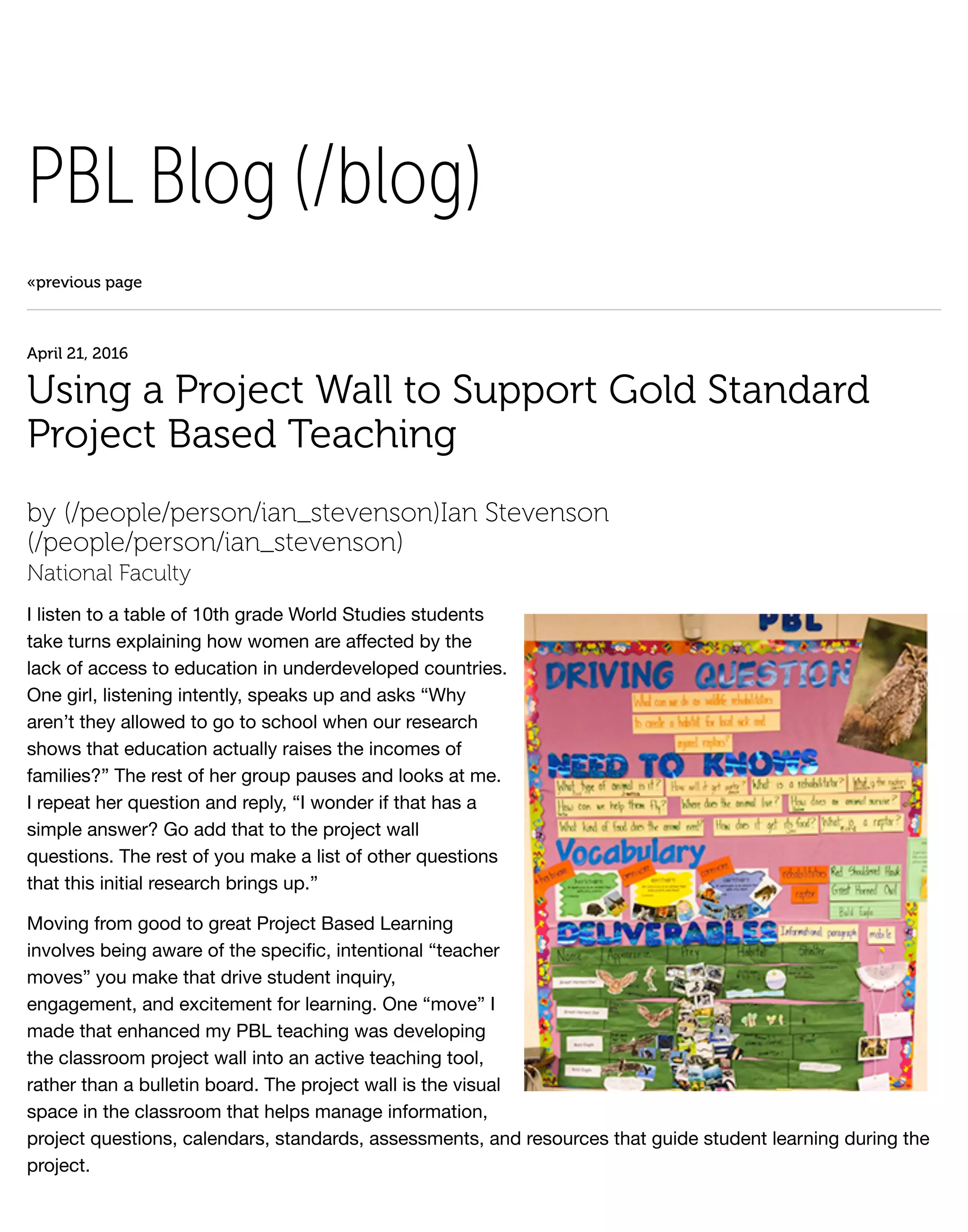 Using a Project Wall to Support Gold Standard Project Based Teaching