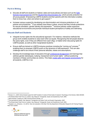  
Put It In Writing 
  
● Educate all staff and students on federal, state and local policies and laws such as the​ ​Safe 
Schools Improvement Act​ and the​ ​Student Non­Discrimination Act​, which provide protection for 
all young people. Empowering LGBTQ students and their parents with this information enables 
them to know how, when and where to get support.  12
● Increase campus support by developing non­discrimination and inclusive protections in all 
policies and procedures. ​
 If you already have these in place, ensure that they include protections 
13
for sexual orientation, gender identity and expression. ​
 Inclusive policies create supportive 
14
educational environments and promote individual student perceptions of safety and well­being. 
  
Educate Staff and Students 
  
● Integrate human rights into the educational approach. For instance, interactive methods like 
group­work enables students to value each other as equals. Recognizing that all people deserve 
the same rights, even if they are different from each other, is helpful when discussing rights for 
LGBTQ people, as well as other marginalized students.  15
● Ensure staff are trained on LGBTQ­inclusive practices including the “coming out” process,  
16
enabling them to empower LGBTQ youth on the dynamics of self­expression. This can also 
challenge staff to be critical of their personal attitudes, biases and assumptions. 
● Develop the knowledge base of educators through​ ​professional development​ and trainings that 
address gender stereotypes, bullying, harassment and human rights ​
 without positioning 
17
members of these communities as victims. This helps​ ​create safer and happier environments​ for 
all students, LGBTQ or not. 
 
12 ​
Hansen​, ​A​. ​L​. ​(2007)​. ​School­based support for GLBT students​: ​A review of three levels of research.​ ​Psychology in the Schools,​ ​44​(8)​, ​839​­​848. 
13 ​
The Rhode Island Task Force on Lesbian, Gay, Bisexual, Transgender, Queer and Questioning Youth, 2009. 
14 ​
Best Practices: Creating an LGBT­inclusive School Climate, n.d. 
15 ​
The International Lesbian, Gay, Bisexual, Transgender and Queer Youth and Student Organisation, 2007. 
16 ​
The Rhode Island Task Force on Lesbian, Gay, Bisexual, Transgender, Queer and Questioning Youth, 2009. 
17 ​
Greytak, E. A., & Kosciw, J. G. (2010). ​Year one evaluation of the New York City Department of Education Respect for All Training Program. 
New York: GLSEN.  
 
 