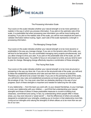 Ben Durosola
THE SCALES
The Processing Information Scale
Your score on this scale indicates whether your natural strength is to be more optimistic or
realistic in the way in which you process information. If you plot on the optimistic side of the
scale, it is predictable that when processing new information you will be more trusting and
accepting. If you plot on the realistic side of the scale, you will be more skeptical and want to
validate information before trusting. Again, each side of the scale represents a strength in
processing information.
The Managing Change Scale
Your score on this scale indicates whether your natural strength is to be more dynamic or
predictable in the way you manage change. If you are on the dynamic side of this scale, you
will tend to be fast-paced. You are comfortable managing many projects simultaneously, and
you allow change to drive your plan. If you plot on the predictable side of the scale, you will
lean toward a slower pace. You prefer to focus on one project at a time, and you tend to want
to plan for change. Managing change effectively requires a combination of these strengths.
The Facing Risk Scale
Your score on this scale indicates whether your natural strength is to be more structured or
pioneering in the way you face risk. If you are on the structured side of the scale, you will tend
to follow the established procedures and rules and see them as a source of protection.
Therefore you will tend to be a lower risk taker. If you are on the pioneering side of this scale,
you will tend to view rules and established procedures as broad guidelines and tend to push
the envelope of risk. You may even view them as obstacles standing in the way of your
progress. Each of these strengths is important and needed for balancing the risk scale.
In any relationship — from the team you work with, to your closest friendships, to your marriage,
or even your relationship with your children — you'll find that understanding your natural
strengths and those of others in these predictable measures is crucial to building trust,
closeness, commitment and caring. In fact, by understanding where people differ in these
areas, you may even discover a “great secret” — that the differences of others are actually
designed to complement your strengths, enabling you to function in that relationship more fully.
Living out our strengths and valuing the strengths of others allows us to be more than we can
be on our own.
©1984-2009. TTI, Ltd. Copyright © 2004-2014 Insights International, Inc. 3
 