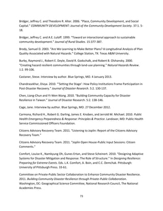 73
Bridger, Jeffrey C. and Theodore R. Alter. 2006. “Place, Community Development, and Social
Capital.” COMMUNITY DEVELOPMENT: Journal of the Community Development Society. 37:1. 5-
18.
Bridger, Jeffrey C. and A.E. Luloff. 1999. “Toward an interactional approach to sustainable
community development.” Journal of Rural Studies. 15:377-387.
Brody, Samuel D. 2003. “Are We Learning to Make Better Plans? A Longitudinal Analysis of Plan
Quality Associated with Natural Hazards.” College Station, TX: Texas A&M University.
Burby, Raymond J., Robert E. Deyle, David R. Godschalk, and Robert B. Olshansky. 2000.
“Creating hazard resilient communities through land-use planning.” Natural Hazards Review.
1:2. 99-106.
Castaner, Steve. Interview by author. Blue Springs, MO. 4 January 2013.
Chandrasekhar, Divya. 2010. “‘Setting the Stage’: How Policy Institutions Frame Participation in
Post-Disaster Recovery.” Journal of Disaster Research. 5:2. 130-137.
Chen, Liang-Chun and Yi-Wen Wang. 2010. “Building Community Capacity for Disaster
Resilience in Taiwan.” Journal of Disaster Research. 5:2. 138-146.
Cage, Jane. Interview by author. Blue Springs, MO. 27 December 2012.
Carmona, Richard H., Robert G. Darling, James E. Knoben, and Jerrold M. Michael. 2010. Public
Health Emergency Preparedness & Response: Principles & Practice. Landover, MD: Public Health
Service Commissioned Officers Foundation.
Citizens Advisory Recovery Team. 2011. “Listening to Joplin: Report of the Citizens Advisory
Recovery Team.”
Citizens Advisory Recovery Team. 2011. “Joplin Open House-Public Input Sessions: Citizen
Comments.”
Comfort, Louise K., Namkyung Oh, Gunes Ertan, and Steve Scheinert. 2010. “Designing Adaptive
Systems for Disaster Mitigation and Response: The Role of Structure.” In Designing Resilience:
Preparing for Extreme Events. Eds. L.K. Comfort, A. Boin, and C.C. Demchak. Pittsburgh:
University of Pittsburgh Press. 33-61.
Committee on Private-Public Sector Collaboration to Enhance Community Disaster Resilience.
2011. Building Community Disaster Resilience through Private-Public Collaboration.
Washington, DC: Geographical Science Committee, National Research Council, The National
Academies Press.
 