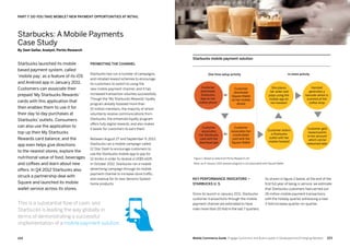 223222 Mobile Commerce Guide Engage Customers and Build Loyalty in Developed and Emerging Markets
Starbucks launched its mobile
based payment system, called
‘mobile pay’, as a feature of its iOS
and Android app in January 2011.
Customers can associate their
prepaid ‘My Starbucks Rewards’
cards with this application that
then enables them to use it for
their day to day purchases at
Starbucks’ outlets. Consumers
can also use the application to
top-up their My Starbucks
Rewards card balance, and the
app even helps give directions
to the nearest stores, explore the
nutritional value of food, beverages
and coffees and learn about new
offers. In Q4 2012 Starbucks also
struck a partnership deal with
Square and launched its mobile
wallet service across its stores.
Promoting the channel
Starbucks has run a number of campaigns,
and initiated reward schemes to encourage
its customers to switch to using the
new mobile payment channel, and it has
increased transaction volumes successfully.
Though the ‘My Starbucks Rewards’ loyalty
program already boasted more than
10 million members, the majority of whom
voluntarily receive communications from
Starbucks, the enhanced loyalty program
offers fully digital rewards, and also makes
it easier for customers to earn them.
Between August 27 and September 9, 2012,
Starbucks ran a mobile campaign called
12 Star Dash to encourage customers to
use the Starbucks mobile app to pay for
12 drinks in order to receive a US$5 eGift.
In October 2012, Starbucks ran a mobile
advertising campaign through its mobile
payment channel to increase store traffic,
and revenue for its new Verismo System
home products.
PART 7: DO YOU TAKE MOBILE? NEW PAYMENT OPPORTUNITIES AT RETAIL
Key Performance Indicators –
Starbucks U. S.
Since its launch in January 2011, Starbucks
customer transactions through the mobile
payment channel are estimated to have
risen more than 20-fold in the last 7 quarters.
As shown in figure 2 below, at the end of the
first full year of being in service, we estimate
that Starbucks customers had carried out
26 million mobile payment transactions,
with the holiday quarter witnessing a near
2-fold increase quarter-on-quarter.
Starbucks: A Mobile Payments
Case Study
By Sam Gellar, Analyst, Portio Research
Starbucks mobile payment solution
In-store activity
Figure 1: Based on data from Portio Research Ltd
Note: as of January 2013 rewards program is not associated with Square Wallet
She places
her order and
plays using the
mobile app on
her handset
Customer enters
a Starbucks
outlet with her
mobile handset
Customer gets
reward points
in her account
which can be
redeemed later
Handset
generates a
barcode which is
scanned at the
coffee shop
Customer
downloads
Starbucks
App on her
mobile phone
Customer
downloads
Square Wallet
on her mobile
phone
Customer
associates
her Starbucks
card with the
download app
Customer
associates her
credit/debit
card with the
Square Wallet
One-time setup activity
This is a substantial flow of cash, and
Starbucks is leading the way globally in
terms of demonstrating a successful
implementation of a mobile payment solution.
Or
Or
 