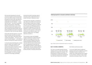 249248 Mobile Commerce Guide Engage Customers and Build Loyalty in Developed and Emerging Markets
embraced the idea of scanning a special
barcode to order an Apple device from a
location that wasn’t really even a store.
And this behavior also gave us at PayPal an
idea. While some retailers will no doubt see
this technology as a great way to enlarge
their store virtually to create more revenues
per floor space, our QRShopping solution
also provides independent merchants the
flexibility to conduct commerce when and
where it suits the customer. In other words,
commerce is not linked to a place in the
physical or digital world; it can happen
where the customer is.
The next step is to test more shopping
contexts to identify the variables that come
together to encourage commerce on the
move. It’s all about finding out what works,
and then sharing this information with our
merchants.We also want to roll this solution
out to a broader group of merchants and
offer integration modules for several types of
shopping carts.That way, shoppers would just
need to install a small module, which would
be free and cater to commerce online and off.
the merchants benefitted from the fact
consumers had gifts and home decoration
top of mind. While numbers of orders were
processed, this was a clear case where the
mobile app was competing head-on with
established consumer behavior — namely,
cash and cards — and a lack of awareness
about mobile payments. Interestingly,
the flower shops did see a jump in online
orders processed by the standard online
shop, showing that advertising QR codes on
posters prompted consumers to remember
to make their order from the shop’s Website.
At the other end of the spectrum, consumer
electronics shops reported very positive
results, confirming our observation that the
customer demographic — tech-savvy con-
sumers and early adopters — and context are
decisive in driving multi-channel commerce.
In one particularly interesting pilot, an Apple
premium reseller that traveled to trade
shows in a remodeled school bus to
showcase the newest innovations in Apple
devices could finally close the circle,
providing consumers a chance to literally
buy what they saw on exhibit. Predictably,
this demographic, one that was already
enamored of technology immediately
But mobile is not the only screen.
In our view, mobile is both an additional
payment channel and a bridge that connects
the different worlds of commerce. Put
another way, mobile payments are a catalyst
for all commerce: storefront, online, mobile
and even purchasing on the go. This is why
Multi-channel commerce
Our vision is to enable payments anytime,
anyplace and by any means. We see mobile
payments as a catalyst for innovation. The
broad features of mobile devices allow us
to change the way people are shopping and
how merchants interact with consumers.
Global perspective in consumer sentiment in Germany
0%
16%
3% 4% 9% 4% 9% 12% 2% 5% 6%
11% 20% 19% 17% 21% 8% 5% 9%
25%
50%
75%
100%
Familiar
P2P P2P P2PPOS POS POSm-comm m-comm m-comm
Willing Using
Country score Index average Leading country score
Figure 1: Based on data from mobilereadiness.mastercard.com/germany
 