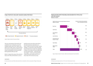 2928 Mobile Commerce Guide Engage Customers and Build Loyalty in Developed and Emerging Markets
They are confronted by new entrants and
competition from companies across the
merging mobility value chain. Banks must
adjust to this reality, which is why Accenture
has recently surveyed the Asia Pacific land-
scape and developed the Accenture APAC
Banking Mobility Maturity Index1
.
While it is beyond the scope of this article to
discuss the Index and the factors, such as
banking access and mobile subscriptions,
that have important implications on a
bank’s mobile commerce and wider mobility
strategy, it is important to stress that banks
have a limited time to master the capabilities
to deliver a full mobile commerce experience,
one that allows people — especially those
‘born digital’ — to do much more with the
mobile phone they already reach for on
every step of the consumer journey.
Nearly all of the world’s financially unserved adults live in Africa, Asia
and Latin America
Millions of adults
East Asia
Adults who do not use formal financial services1
Millions of adults
South Asia
Sub-Saharan
Africa
Latin America
Central Asia and
Eastern Europe
Arab States
High Income
OECD
Total
Figure 3: Based on data from Honohan. 2008: Human Development Index: World Bank
Percent of total adult population
that is financially unserved
59
58
80
65
49
67
8
53
876
612
326
250
193
60
2,455
136
FOOTNOTE
1. www.accenture.com/Microsites/accenture-innovation-center-asia-pacific/Pages/index.aspx
FOOTNOTE
1. Regional groupings based on UN Human Development Index
Figure 2: Based on data from Accenture Analysis
A day in the life of a 'less-cash’ consumer society of the future
6.30am >
Top up
transport
card/
mobile
Pay for
train
ticket
Gain
access
to office
Transfer
money to
sister
The cycle continues
Incoming transaction Outgoing transaction Transfer Security transaction
Pay for
lunch
Pay for
coffee and
magazines
Pay for
groceries
Pay for
taxi
7.30am > 9.00am > 10.30am > 12.30pm 3.30pm > 7.00pm > 9.00pm >
 