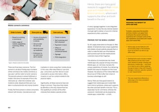 163162
marketers in-store using their mobile phone.
In this case, often described as 'scan and
pay', consumers use their device to scan
a barcode to access information, offers,
coupons or just fun content related to the
physical object.
Significantly, all these scenarios have one
thing in common.They show that mobile
by definition is the only channel that has
the capability to connect all the other
channels that retailers operate (online,
There are three basic scenarios.The first
scenario is all about finding ways to extend
online commerce into mobile commerce, a
use case I call the 'order to home' scenario.
The second scenario is where fulfillment is
made in the store.An example of this is the
'store pick-up', when the customer uses
mobile to order ahead and then pick it up
later in a physical bricks-and-mortar location.
Finally, the third scenario is where consumers
interact with brands, manufacturers and
in-store, signage) together in one integrated
experience. It is also the one channel retailers
must get right to deliver a true omni-channel
experience to their customers.
Prepare for the mobile journey
So, let’s apply observation to the apps vs.Web
debate. Smartphones have unique capabilities
and retailers should carefully evaluate them in
order to make the best use of the features
and functions built into the mobile phones
customers have at their fingertips.
The advance of smartphones has made
mobile apps very popular among consumers.
Mobile apps, as I will show, harness the
unique capabilities of mobile, thus delivering
benefit and value to shoppers on the move.
However, the advance of the mobile Web and
the arrival of HTML5 offer their share of
business advantage as well.
Hence, there are many good reasons to
suggest that mobile apps and mobile Web
live in kind of symbiosis, where each supports
the other and both benefit in the end. This is
especially true for commerce, whereas the
scenarios I mentioned can be powered by
mobile apps, mobile Web — or both.
To better understand the benefits
and how retailers can apply them
to enhance the overall commerce
experience let’s compare some of the
key capabilities associated with mobile
apps and mobile Web.
•• Native apps access features and
functionality deep in the hardware
(such as location) as well as use
offline data.
•• Development costs to build a mobile
Web presence are less than invest-
ment needed to design, develop and
distribute a mobile app — and there
is no need to worry about updating
the app to keep in step with frequent
changes in devices, operator systems
or user requirements.
•• The user experience offered by a
native app is far more consistent
(and smoother).  
Hence, there are many good
reasons to suggest that mobile
apps and mobile Web live in
kind of symbiosis, where each
supports the other and both
benefit in the end
Order to home
•	Based on existing
e-commerce
•	Adds usage of
mobile capabilities,
scanning, offline
etc.
Store pick-up
•	Access of products
and availability
in stores
•	Set an order
for pick up
•	Alerts for pick
up readiness
•	Extension to
up-sell/cross
sell in stores
Scan and pay
•	 Check in stores
•	Self-scanning and
Self-checkout
•	 Payment in store
•	Offers in
real-time and
contextual based
•	Signage
•	 POS integration
Figure 1. Based on data from the author
Weighing the Benefit of
Apps and Web
Mobile connects commerce
 