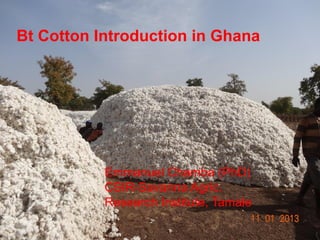 Bt Cotton Introduction in Ghana
Emmanuel Chamba (PhD)
CSIR-Savanna Agric.
Research Institute, Tamale
 
