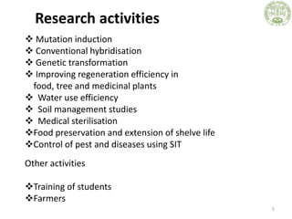 Research activities
5
 Mutation induction
 Conventional hybridisation
 Genetic transformation
 Improving regeneration ...