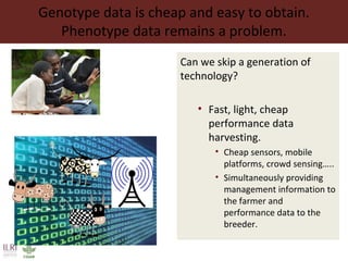 Genotype data is cheap and easy to obtain.
Phenotype data remains a problem.
Can we skip a generation of
technology?
• Fast, light, cheap
performance data
harvesting.
• Cheap sensors, mobile
platforms, crowd sensing…..
• Simultaneously providing
management information to
the farmer and
performance data to the
breeder.
 