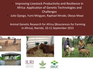 • Improving Livestock Productivity and Resilience in
Africa: Application of Genetic Technologies and
Challenges
• Julie Ojango, Yumi Mingyan, Raphael Mrode, Okeyo Mwai
Animal Genetic Research for Africa (Biosciences for Farming
in Africa), Nairobi, 10-11 September 2015
 