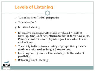 1. “Listening From” who’s perspective
2. “Listening For”
3. Intuitive Listening
 Impressive exchanges with others involve...
