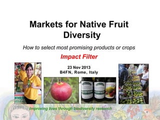 Markets for Native Fruit
Diversity
How to select most promising products or crops

Impact Filter
23 Nov 2013
B4FN, Rome, Italy
Hugo Lamers

 