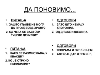 ДА ПОНОВИМО...
• ПИТАЊА
1. ЗАШТО ГЉИВЕ НЕ МОГУ
ДА ПРОИЗВОДЕ ХРАНУ?
2. ОД ЧЕГА СЕ САСТОЈИ
ТИЈЕЛО ПЕЧУРКИ?
• ОДГОВОРИ
1. ЗАТО ШТО НЕМАЈУ
ХЛОРОФИЛ.
2. ОД ДРШКЕ И ШЕШИРА.
• ПИТАЊА
1. КАКО СЕ РАЗМНОЖАВАЈУ
КВАСЦИ?
2. КО ЈЕ ОТРКИО
ПЕНИЦИЛИН?
• ОДГОВОРИ
1. СПОРАМА И ПУПЉЕЊЕМ.
2. АЛЕКСАНДАР ФЛЕМИНГ.
 
