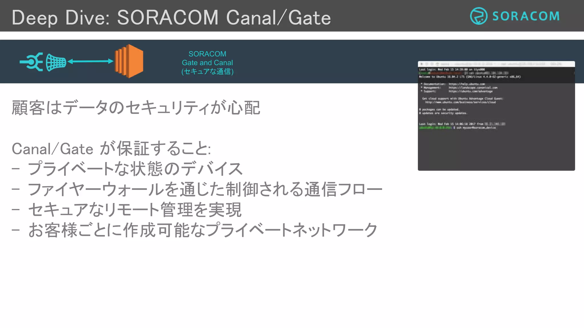 Deep Dive: SORACOM Harvest
運用時の情報確認手段が必要
SORACOM Harvestが保証すること:
- オペレーションデータの標準化
- オペレーションチームが迅速にデータへアクセス
- オペレーションチームが時間帯を選択
- オペレーションチームが素早く可視化し、問題を特定
- 高度な分析システムがAPIを介してデータにアクセス
- 他システムのアップグレード/問題中も実行
SORACOM
Harvest
(データ収集・蓄積)
 