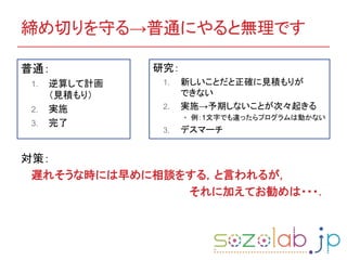 締め切りを守る→普通にやると無理です
対策：
遅れそうな時には早めに相談をする，と言われるが，
それに加えてお勧めは・・・．
普通：
1. 逆算して計画
（見積もり）
2. 実施
3. 完了
研究：
1. 新しいことだと正確に見積もりが
できない
2. 実施→予期しないことが次々起きる
• 例：1文字でも違ったらプログラムは動かない
3. デスマーチ
 