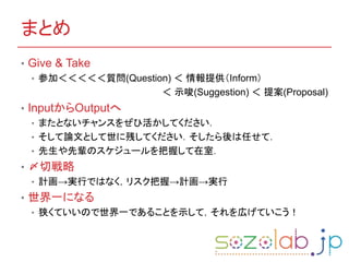 まとめ
• Give & Take
• 参加＜＜＜＜＜質問(Question) ＜ 情報提供（Inform）
＜ 示唆(Suggestion) ＜ 提案(Proposal)
• InputからOutputへ
• またとないチャンスをぜひ活かしてください．
• そして論文として世に残してください．そしたら後は任せて．
• 先生や先輩のスケジュールを把握して在室．
• 〆切戦略
• 計画→実行ではなく，リスク把握→計画→実行
• 世界一になる
• 狭くていいので世界一であることを示して，それを広げていこう！
 