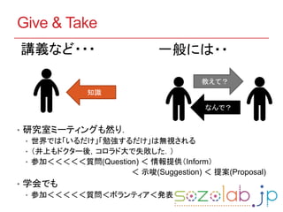 Give & Take
講義など・・・ 一般には・・
知識
• 研究室ミーティングも然り．
• 世界では「いるだけ」「勉強するだけ」は無視される
• （井上もドクター後，コロラド大で失敗した．）
• 参加＜＜＜＜＜質問(Question) ＜ 情報提供（Inform）
＜ 示唆(Suggestion) ＜ 提案(Proposal)
• 学会でも
• 参加＜＜＜＜＜質問＜ボランティア＜発表
教えて？
なんで？
 