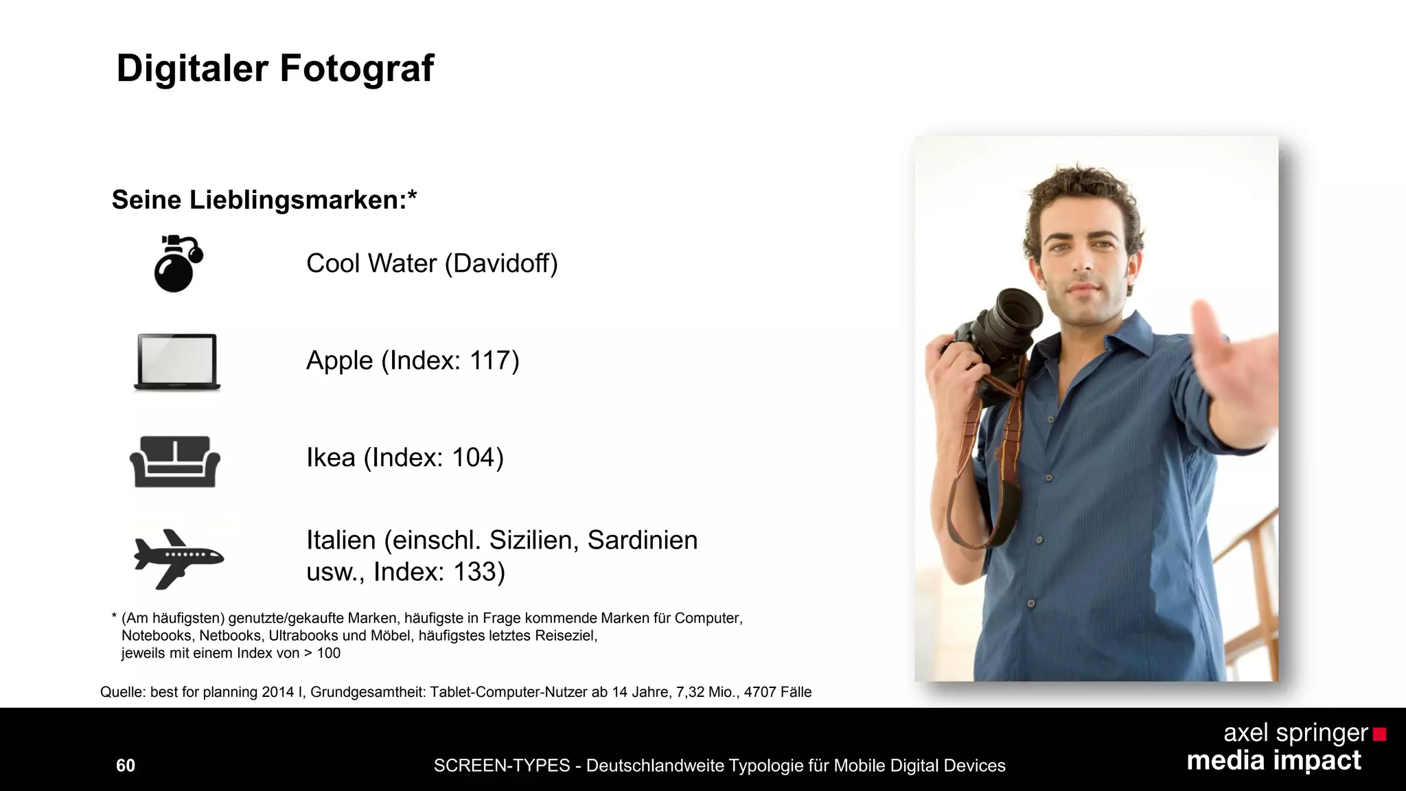SCREEN-TYPES - Deutschlandweite Typologie 60 für Mobile Digital Devices 
Digitaler Fotograf 
Cool Water (Davidoff) 
Seine Lieblingsmarken:* 
Apple (Index: 117) 
Ikea (Index: 104) 
Italien (einschl. Sizilien, Sardinien 
usw., Index: 133) 
* (Am häufigsten) genutzte/gekaufte Marken, häufigste in Frage kommende Marken für Computer, 
Notebooks, Netbooks, Ultrabooks und Möbel, häufigstes letztes Reiseziel, 
jeweils mit einem Index von > 100 
Quelle: best for planning 2014 I, Grundgesamtheit: Tablet-Computer-Nutzer ab 14 Jahre, 7,32 Mio., 4707 Fälle 
 
