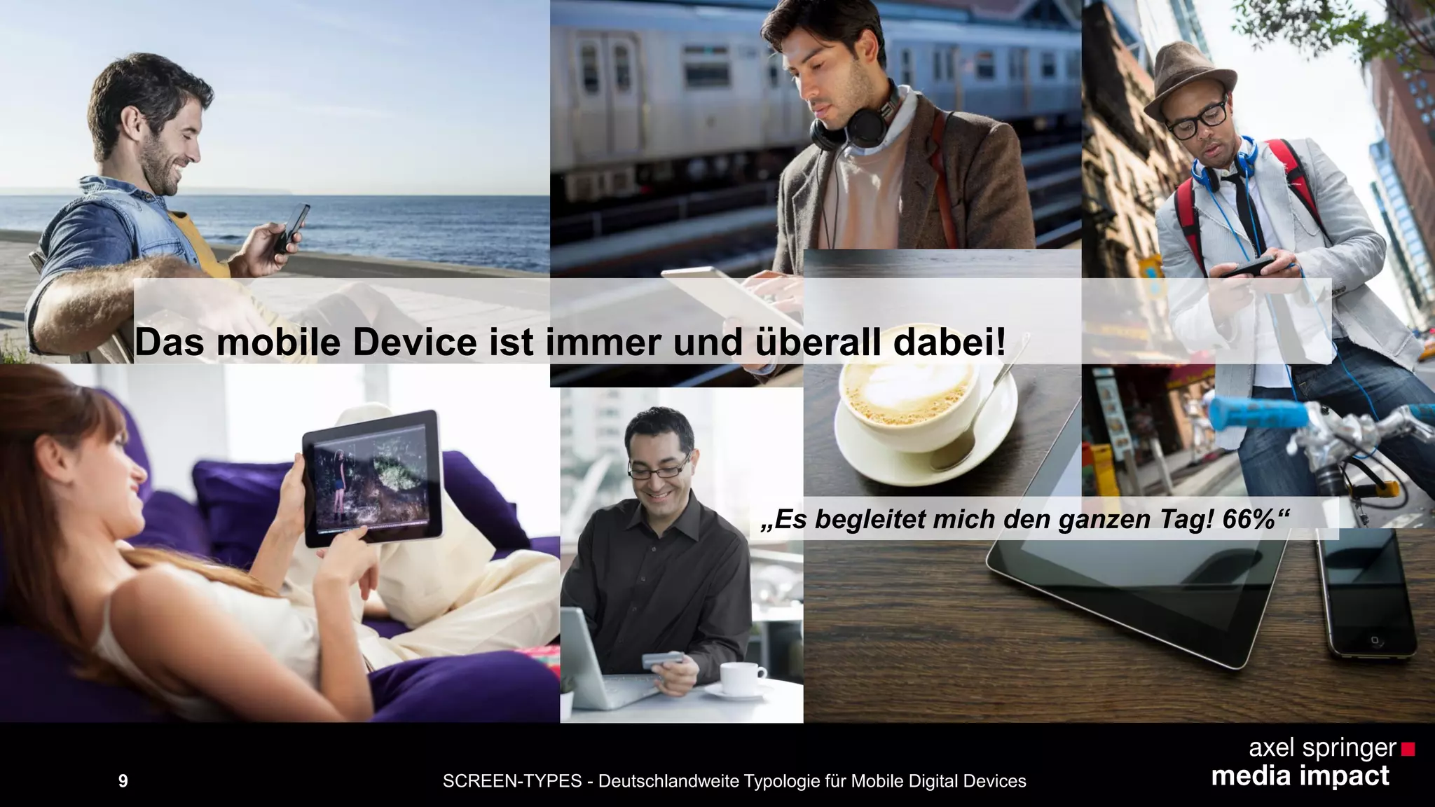 SCREEN-TYPES - Deutschlandweite Typologie 9 für Mobile Digital Devices 
Quelle: Media Impact Panel 2013, Basis: iPad-Nutzer, 808 Fälle 
Frage: Inwieweit treffen folgende Aussagen auf Sie zu? Top2-Boxes aus 4er Skala: 1 = trifft voll und ganz zu, 4 = trifft überhaupt nicht zu 
Das mobile Device ist immer und überall dabei! 
„Es begleitet mich den ganzen Tag! 66%“ 
 