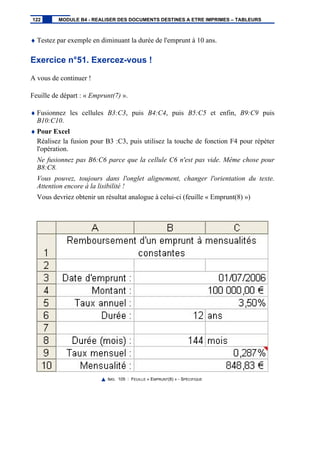 ♦ Testez par exemple en diminuant la durée de l'emprunt à 10 ans.
Exercice n°51. Exercez-vous !
A vous de continuer !
Feuille de départ : « Emprunt(7) ».
♦ Fusionnez les cellules B3:C3, puis B4:C4, puis B5:C5 et enfin, B9:C9 puis
B10:C10.
♦ Pour Excel
Réalisez la fusion pour B3 :C3, puis utilisez la touche de fonction F4 pour répéter
l'opération.
Ne fusionnez pas B6:C6 parce que la cellule C6 n'est pas vide. Même chose pour
B8:C8.
Vous pouvez, toujours dans l'onglet alignement, changer l'orientation du texte.
Attention encore à la lisibilité !
Vous devriez obtenir un résultat analogue à celui-ci (feuille « Emprunt(8) »)
IMG. 105 : FEUILLE « EMPRUNT(8) » - SPÉCIFIQUE
122 MODULE B4 - REALISER DES DOCUMENTS DESTINES A ETRE IMPRIMES – TABLEURS
 