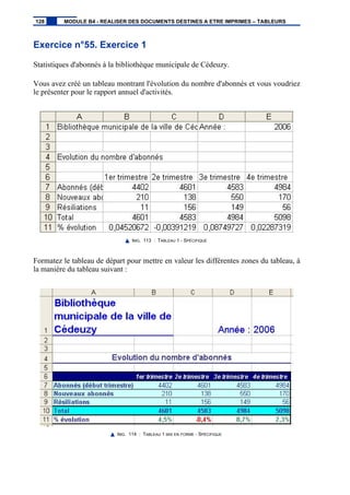 Exercice n°55. Exercice 1
Statistiques d'abonnés à la bibliothèque municipale de Cédeuzy.
Vous avez créé un tableau montrant l'évolution du nombre d'abonnés et vous voudriez
le présenter pour le rapport annuel d'activités.
IMG. 113 : TABLEAU 1 - SPÉCIFIQUE
Formatez le tableau de départ pour mettre en valeur les différentes zones du tableau, à
la manière du tableau suivant :
IMG. 114 : TABLEAU 1 MIS EN FORME - SPÉCIFIQUE
128 MODULE B4 - REALISER DES DOCUMENTS DESTINES A ETRE IMPRIMES – TABLEURS
 
