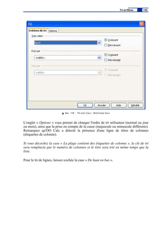 IMG. 118 : TRI AVEC CALC - SPÉCIFIQUE CALC
L'onglet « Options » vous permet de changer l'ordre de tri utilisateur (normal ou jour
ou mois), ainsi que la prise en compte de la casse (majuscule ou minuscule différents).
Remarquez qu'OO Calc a détecté la présence d'une ligne de titres de colonnes
(étiquettes de colonne).
Si vous décochez la case « La plage contient des étiquettes de colonne », la clé de tri
sera remplacée par le numéro de colonnes et le titre sera trié en même temps que la
liste.
Pour le tri de lignes, laissez cochée la case « De haut en bas ».
Tri et filtres 135
 