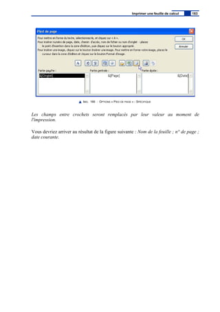 IMG. 166 : OPTIONS « PIED DE PAGE » - SPÉCIFIQUE
Les champs entre crochets seront remplacés par leur valeur au moment de
l'impression.
Vous devriez arriver au résultat de la figure suivante : Nom de la feuille ; n° de page ;
date courante.
Imprimer une feuille de calcul 183
 