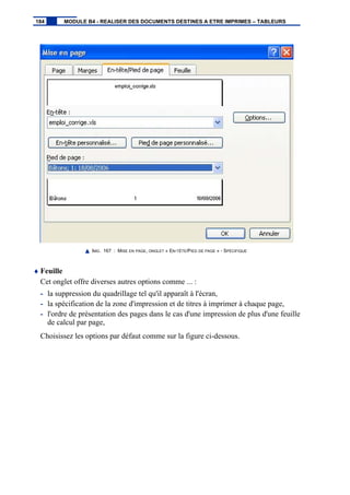 IMG. 167 : MISE EN PAGE, ONGLET « EN-TÊTE/PIED DE PAGE » - SPÉCIFIQUE
♦ Feuille
Cet onglet offre diverses autres options comme ... :
- la suppression du quadrillage tel qu'il apparaît à l'écran,
- la spécification de la zone d'impression et de titres à imprimer à chaque page,
- l'ordre de présentation des pages dans le cas d'une impression de plus d'une feuille
de calcul par page,
Choisissez les options par défaut comme sur la figure ci-dessous.
184 MODULE B4 - REALISER DES DOCUMENTS DESTINES A ETRE IMPRIMES – TABLEURS
 