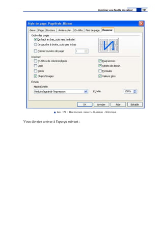 IMG. 175 : MISE EN PAGE, ONGLET « CLASSEUR - SPÉCIFIQUE
Vous devriez arriver à l'aperçu suivant :
Imprimer une feuille de calcul 191
 