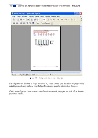 IMG. 176 : APERÇU APRÈS MISE EN PAGE - SPÉCIFIQUE
En cliquant sur l'icône « Page suivante », vous verrez que la mise en page créée
précédemment reste valable pour la feuille suivante avec le même style de page.
En fermant l'aperçu, vous pouvez visualiser les sauts de page par un trait plein dans la
feuille de calcul.
192 MODULE B4 - REALISER DES DOCUMENTS DESTINES A ETRE IMPRIMES – TABLEURS
 