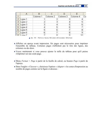IMG. 181 : PARTIE DU TABLEAU 100 LIGNES X 20 COLONNES - SPÉCIFIQUE
♦ Affichez un aperçu avant impression. Six pages sont nécessaires pour imprimer
l'ensemble du tableau. Certaines pages n'affichent pas le titre des lignes, des
colonnes ou des deux.
♦ Voyez maintenant si vous pouvez ajuster la taille du tableau pour qu'il puisse
s'imprimer sur une seule page.
♦ Menu Format > Page à partir de la feuille de calcul, ou bouton Page à partir de
l'aperçu.
♦ Dans l'onglet « Classeur », choisissez l'option « Adapter » les zones d'impression au
nombre de pages comme sur la figure ci-dessous :
Imprimer une feuille de calcul 197
 