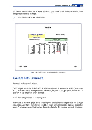 au format PDF ci-dessous ). Vous ne devez pas modifier la feuille de calcul, mais
uniquement sa mise en page.
Voir annexe B en fin de fascicule
IMG. 185 : TABLEAU DES RECETTES À IMPRIMER - SPÉCIFIQUE
Exercice n°83. Exercice 2
Impression d'un grand tableau.
Téléchargez sur le site de l'INSEE, le tableau donnant la population active (au sens du
BIT) pour la France métropolitaine, observée jusqu'en 2002, projetée ensuite au 1er
janvier, et âge atteint en cours d'année.
Vous pouvez également le télécharger ici :
Effectuez la mise en page de ce tableau pour permettre une impression sur 2 pages
seulement. Ajoutez « Statistiques INSEE » en en-tête et le numéro de page en pied de
page. A vous de choisir l'orientation du papier, la taille des marges, les sauts de pages.
Imprimer une feuille de calcul 201
 