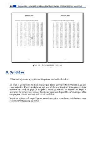IMG. 186 : STATISTIQUES INSEE - SPÉCIFIQUE
B. Synthèse
Effectuez toujours un aperçu avant d'imprimer une feuille de calcul.
En effet, il est rare que la mise en page par défaut corresponde exactement à ce que
vous souhaitez. L'aperçu affiche ce qui sera réellement imprimé. Vous pouvez alors
modifier les sauts de page et adapter la taille du tableau au nombre de pages à
imprimer. De nombreuses options de mise en page sont disponibles : n'hésitez pas à les
essayer pour obtenir une impression claire et lisible.
Imprimez seulement lorsque l'aperçu avant impression vous donne satisfaction : vous
économiserez beaucoup de papier !
202 MODULE B4 - REALISER DES DOCUMENTS DESTINES A ETRE IMPRIMES – TABLEURS
 
