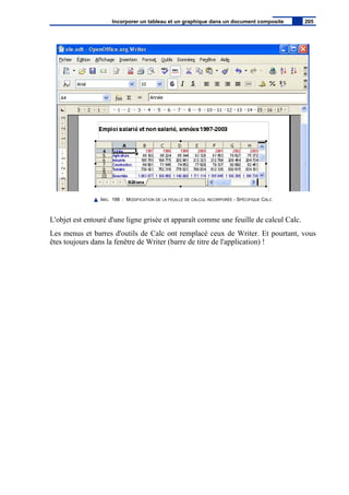 IMG. 188 : MODIFICATION DE LA FEUILLE DE CALCUL INCORPORÉE - SPÉCIFIQUE CALC
L'objet est entouré d'une ligne grisée et apparaît comme une feuille de calcul Calc.
Les menus et barres d'outils de Calc ont remplacé ceux de Writer. Et pourtant, vous
êtes toujours dans la fenêtre de Writer (barre de titre de l'application) !
Incorporer un tableau et un graphique dans un document composite 205
 