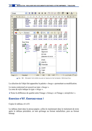 IMG. 199 : DOCUMENT TEXTE APRÈS COLLAGE DU TABLEAU EN TANT QU’IMAGES - SPÉCIFIQUE CALC
La sélection de l'objet fait apparaître la palette « Image » permettant sa modification.
Le menu contextuel est associé au type « Image ».
La zone de style indique le type « image ».
♦ Notez la différence de qualité entre l'image « bitmap » et l'image « métafichier ».
Exercice n°87. Exercez-vous !
Copiez le tableau A4:A10.
Le tableau étant dans le presse-papier, collez-le maintenant dans le traitement de texte
après le tableau précédent, en tant qu'image au format métafichier, puis au format
bitmap.
212 MODULE B4 - REALISER DES DOCUMENTS DESTINES A ETRE IMPRIMES – TABLEURS
 