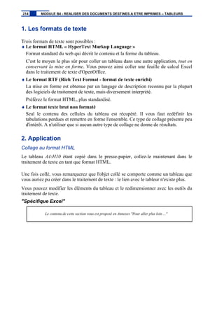 1. Les formats de texte
Trois formats de texte sont possibles :
♦ Le format HTML « HyperText Markup Language »
Format standard du web qui décrit le contenu et la forme du tableau.
C'est le moyen le plus sûr pour coller un tableau dans une autre application, tout en
conservant la mise en forme. Vous pouvez ainsi coller une feuille de calcul Excel
dans le traitement de texte d'OpenOffice.
♦ Le format RTF (Rich Text Format - format de texte enrichi)
La mise en forme est obtenue par un langage de description reconnu par la plupart
des logiciels de traitement de texte, mais diversement interprété.
Préférez le format HTML, plus standardisé.
♦ Le format texte brut non formaté
Seul le contenu des cellules du tableau est récupéré. Il vous faut redéfinir les
tabulations perdues et remettre en forme l'ensemble. Ce type de collage présente peu
d'intérêt. A n'utiliser que si aucun autre type de collage ne donne de résultats.
2. Application
Collage au format HTML
Le tableau A4:H10 étant copié dans le presse-papier, collez-le maintenant dans le
traitement de texte en tant que format HTML.
Une fois collé, vous remarquerez que l'objet collé se comporte comme un tableau que
vous auriez pu créer dans le traitement de texte : le lien avec le tableur n'existe plus.
Vous pouvez modifier les éléments du tableau et le redimensionner avec les outils du
traitement de texte.
"Spécifique Excel"
Le contenu de cette section vous est proposé en Annexes "Pour aller plus loin ..."
214 MODULE B4 - REALISER DES DOCUMENTS DESTINES A ETRE IMPRIMES – TABLEURS
 