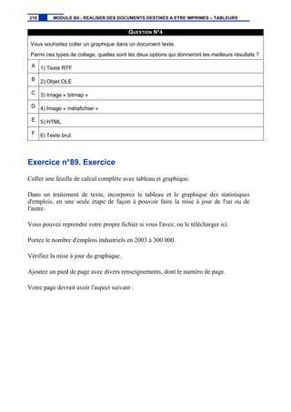 QUESTION N°4
Vous souhaitez coller un graphique dans un document texte.
Parmi ces types de collage, quelles sont les deux options qui donneront les meilleurs résultats ?
A 1) Texte RTF
B 2) Objet OLE
C 3) Image « bitmap »
D 4) Image « métafichier »
E 5) HTML
F 6) Texte brut
Exercice n°89. Exercice
Coller une feuille de calcul complète avec tableau et graphique.
Dans un traitement de texte, incorporez le tableau et le graphique des statistiques
d'emplois, en une seule étape de façon à pouvoir faire la mise à jour de l'un ou de
l'autre.
Vous pouvez reprendre votre propre fichier si vous l'avez, ou le télécharger ici.
Portez le nombre d'emplois industriels en 2003 à 300 000.
Vérifiez la mise à jour du graphique.
Ajoutez un pied de page avec divers renseignements, dont le numéro de page.
Votre page devrait avoir l'aspect suivant :
218 MODULE B4 - REALISER DES DOCUMENTS DESTINES A ETRE IMPRIMES – TABLEURS
 