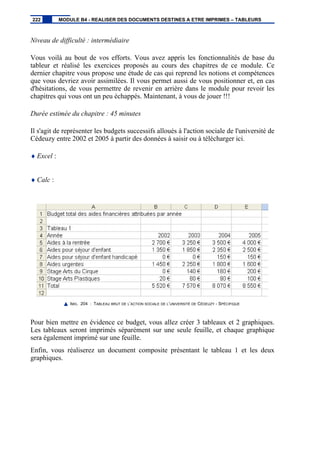 Niveau de difficulté : intermédiaire
Vous voilà au bout de vos efforts. Vous avez appris les fonctionnalités de base du
tableur et réalisé les exercices proposés au cours des chapitres de ce module. Ce
dernier chapitre vous propose une étude de cas qui reprend les notions et compétences
que vous devriez avoir assimilées. Il vous permet aussi de vous positionner et, en cas
d'hésitations, de vous permettre de revenir en arrière dans le module pour revoir les
chapitres qui vous ont un peu échappés. Maintenant, à vous de jouer !!!
Durée estimée du chapitre : 45 minutes
Il s'agit de représenter les budgets successifs alloués à l'action sociale de l'université de
Cédeuzy entre 2002 et 2005 à partir des données à saisir ou à télécharger ici.
♦ Excel :
♦ Calc :
IMG. 204 : TABLEAU BRUT DE L’ACTION SOCIALE DE L’UNIVERSITÉ DE CÉDEUZY - SPÉCIFIQUE
Pour bien mettre en évidence ce budget, vous allez créer 3 tableaux et 2 graphiques.
Les tableaux seront imprimés séparément sur une seule feuille, et chaque graphique
sera également imprimé sur une feuille.
Enfin, vous réaliserez un document composite présentant le tableau 1 et les deux
graphiques.
222 MODULE B4 - REALISER DES DOCUMENTS DESTINES A ETRE IMPRIMES – TABLEURS
 
