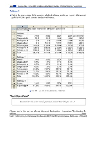 Tableau 3
♦ Calcul du pourcentage de la somme globale de chaque année par rapport à la somme
globale de 2005 prise comme année de référence.
IMG. 205 : UNE IDÉE DE FEUILLE DE CALCUL - SPÉCIFIQUE
"Spécifique Excel"
Le contenu de cette section vous est proposé en Annexes "Pour aller plus loin ..."
Cliquez sur le lien suivant afin de découvrir l'animation : Animation "Réalisation de
tableau dans
Calc" [http://projet.c2imes.org/V2/tutorielsB5/Chap11/actionsociale_tableaux_OO.htm]
224 MODULE B4 - REALISER DES DOCUMENTS DESTINES A ETRE IMPRIMES – TABLEURS
 
