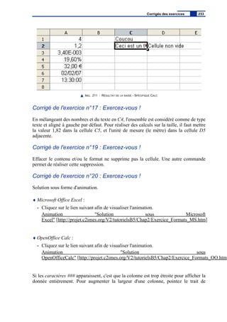 IMG. 211 : RÉSULTAT DE LA SAISIE - SPÉCIFIQUE CALC
Corrigé de l'exercice n°17 : Exercez-vous !
En mélangeant des nombres et du texte en C4, l'ensemble est considéré comme de type
texte et aligné à gauche par défaut. Pour réaliser des calculs sur la taille, il faut mettre
la valeur 1,82 dans la cellule C5, et l'unité de mesure (le mètre) dans la cellule D5
adjacente.
Corrigé de l'exercice n°19 : Exercez-vous !
Effacer le contenu et/ou le format ne supprime pas la cellule. Une autre commande
permet de réaliser cette suppression.
Corrigé de l'exercice n°20 : Exercez-vous !
Solution sous forme d'animation.
♦ Microsoft Office Excel :
- Cliquez sur le lien suivant afin de visualiser l'animation.
Animation "Solution sous Microsoft
Excel" [http://projet.c2imes.org/V2/tutorielsB5/Chap2/Exercice_Formats_MS.htm]
♦ OpenOffice Calc :
- Cliquez sur le lien suivant afin de visualiser l'animation.
Animation "Solution sous
OpenOfficeCalc" [http://projet.c2imes.org/V2/tutorielsB5/Chap2/Exercice_Formats_OO.htm]
Si les caractères ### apparaissent, c'est que la colonne est trop étroite pour afficher la
donnée entièrement. Pour augmenter la largeur d'une colonne, pointez le trait de
Corrigés des exercices 233
 