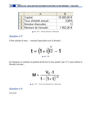 IMG. 215 : TABLEAU ANNUITÉS - SPÉCIFIQUE
Question n°3
Il faut calculer le taux t mensuel équivalent avec la formule :
IMG. 216
(Le banquier se contente en général de diviser le taux annuel i par 12 !), puis utiliser la
formule suivante :
IMG. 217 : CALCUL DES MENSUALITÉS - SPÉCIFIQUE
Question n°4
127,33 €
238 MODULE B4 - REALISER DES DOCUMENTS DESTINES A ETRE IMPRIMES – TABLEURS
 