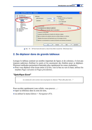 IMG. 15 : OPTION POUR DÉPLACER LA SÉLECTION APRÈS VALIDATION - SPÉCIFIQUE CALC
2. Se déplacer dans de grands tableaux
Lorsque le tableau contient un nombre important de lignes et de colonnes, il n'est pas
toujours judicieux d'utiliser la souris et les ascenseurs des fenêtres pour se déplacer.
Plusieurs méthodes permettent d'atteindre plus rapidement les zones souhaitées :
♦ Pour vous déplacer d'un écran entier à la fois, vers le bas ou vers le haut, utilisez les
touches Pages suivantes et Pages précédentes.
"Spécifique Excel"
Le contenu de cette section vous est proposé en Annexes "Pour aller plus loin ..."
Pour accéder rapidement à une cellule, vous pouvez ... :
♦ taper sa référence dans la zone de nom,
♦ ou utiliser le menu Edition > Navigateur (F5).
Introduction aux tableurs 27
 