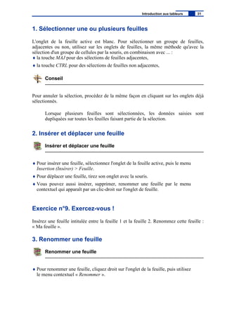 1. Sélectionner une ou plusieurs feuilles
L'onglet de la feuille active est blanc. Pour sélectionner un groupe de feuilles,
adjacentes ou non, utilisez sur les onglets de feuilles, la même méthode qu'avec la
sélection d'un groupe de cellules par la souris, en combinaison avec ... :
♦ la touche MAJ pour des sélections de feuilles adjacentes,
♦ la touche CTRL pour des sélections de feuilles non adjacentes,
Conseil
Pour annuler la sélection, procédez de la même façon en cliquant sur les onglets déjà
sélectionnés.
Lorsque plusieurs feuilles sont sélectionnées, les données saisies sont
dupliquées sur toutes les feuilles faisant partie de la sélection.
2. Insérer et déplacer une feuille
Insérer et déplacer une feuille
♦ Pour insérer une feuille, sélectionnez l'onglet de la feuille active, puis le menu
Insertion (Insérer) > Feuille.
♦ Pour déplacer une feuille, tirez son onglet avec la souris.
♦ Vous pouvez aussi insérer, supprimer, renommer une feuille par le menu
contextuel qui apparaît par un clic-droit sur l'onglet de feuille.
Exercice n°9. Exercez-vous !
Insérez une feuille intitulée entre la feuille 1 et la feuille 2. Renommez cette feuille :
« Ma feuille ».
3. Renommer une feuille
Renommer une feuille
♦ Pour renommer une feuille, cliquez droit sur l'onglet de la feuille, puis utilisez
le menu contextuel « Renommer ».
Introduction aux tableurs 31
 