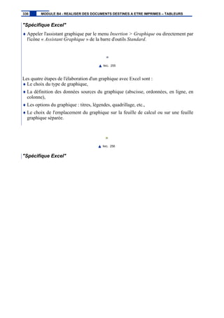 "Spécifique Excel"
♦ Appeler l'assistant graphique par le menu Insertion > Graphique ou directement par
l'icône « Assistant Graphique » de la barre d'outils Standard.
IMG. 255
Les quatre étapes de l'élaboration d'un graphique avec Excel sont :
♦ Le choix du type de graphique,
♦ La définition des données sources du graphique (abscisse, ordonnées, en ligne, en
colonne),
♦ Les options du graphique : titres, légendes, quadrillage, etc.,
♦ Le choix de l'emplacement du graphique sur la feuille de calcul ou sur une feuille
graphique séparée.
IMG. 256
"Spécifique Excel"
336 MODULE B4 - REALISER DES DOCUMENTS DESTINES A ETRE IMPRIMES – TABLEURS
 