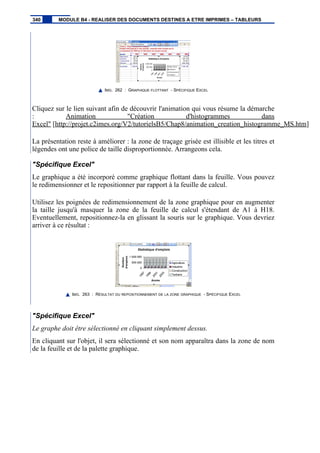 IMG. 262 : GRAPHIQUE FLOTTANT - SPÉCIFIQUE EXCEL
Cliquez sur le lien suivant afin de découvrir l'animation qui vous résume la démarche
: Animation "Création d'histogrammes dans
Excel" [http://projet.c2imes.org/V2/tutorielsB5/Chap8/animation_creation_histogramme_MS.htm]
La présentation reste à améliorer : la zone de traçage grisée est illisible et les titres et
légendes ont une police de taille disproportionnée. Arrangeons cela.
"Spécifique Excel"
Le graphique a été incorporé comme graphique flottant dans la feuille. Vous pouvez
le redimensionner et le repositionner par rapport à la feuille de calcul.
Utilisez les poignées de redimensionnement de la zone graphique pour en augmenter
la taille jusqu'à masquer la zone de la feuille de calcul s'étendant de A1 à H18.
Eventuellement, repositionnez-la en glissant la souris sur le graphique. Vous devriez
arriver à ce résultat :
IMG. 263 : RÉSULTAT DU REPOSITIONNEMENT DE LA ZONE GRAPHIQUE - SPÉCIFIQUE EXCEL
"Spécifique Excel"
Le graphe doit être sélectionné en cliquant simplement dessus.
En cliquant sur l'objet, il sera sélectionné et son nom apparaîtra dans la zone de nom
de la feuille et de la palette graphique.
340 MODULE B4 - REALISER DES DOCUMENTS DESTINES A ETRE IMPRIMES – TABLEURS
 