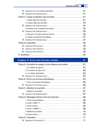 Exercice n°23. Une histoire d'arrondis. . . . . . . . . . . . . . . . . . . . . . . . . . . . . . . . . . . . . 51
Exercice n°24. Exercez-vous !. . . . . . . . . . . . . . . . . . . . . . . . . . . . . . . . . . . . . . . . . . . . 51
Partie C. Copier et déplacer des données................................... 51
1. Copier-coller des données. . . . . . . . . . . . . . . . . . . . . . . . . . . . . . . . . . . . . . . . . . . . . 51
2. Couper-coller des données. . . . . . . . . . . . . . . . . . . . . . . . . . . . . . . . . . . . . . . . . . . . 53
Exercice n°25. Exercez-vous !. . . . . . . . . . . . . . . . . . . . . . . . . . . . . . . . . . . . . . . . . . . . 54
3. Recopier avec la poignée de recopie. . . . . . . . . . . . . . . . . . . . . . . . . . . . . . . . . . . . 54
Exercice n°26. Exercez-vous !. . . . . . . . . . . . . . . . . . . . . . . . . . . . . . . . . . . . . . . . . . . . 56
4. Recopier une valeur sans son format. . . . . . . . . . . . . . . . . . . . . . . . . . . . . . . . . . . 56
5. Insérer et supprimer des cellules. . . . . . . . . . . . . . . . . . . . . . . . . . . . . . . . . . . . . . . 57
Exercice n°27. Exercez-vous !. . . . . . . . . . . . . . . . . . . . . . . . . . . . . . . . . . . . . . . . . . . . 57
Partie D. Evaluation.......................................................... 58
Exercice n°28. Enoncé 1. . . . . . . . . . . . . . . . . . . . . . . . . . . . . . . . . . . . . . . . . . . . . . . . 58
Exercice n°29. Enoncé 2. . . . . . . . . . . . . . . . . . . . . . . . . . . . . . . . . . . . . . . . . . . . . . . . 59
Exercice n°30. Enoncé 3. . . . . . . . . . . . . . . . . . . . . . . . . . . . . . . . . . . . . . . . . . . . . . . . 59
A. Synthèse.................................................................. 60
Chapitre IV. Ecrire des formules simples.............................. 61
Partie A. Connaître la notation d'une référence de cellule................... 61
1. La notation de type A1. . . . . . . . . . . . . . . . . . . . . . . . . . . . . . . . . . . . . . . . . . . . . . . . 61
2. La notation de type L1C1. . . . . . . . . . . . . . . . . . . . . . . . . . . . . . . . . . . . . . . . . . . . . . 62
3. La notation symbolique. . . . . . . . . . . . . . . . . . . . . . . . . . . . . . . . . . . . . . . . . . . . . . . . 62
Exercice n°31. Exercez-vous !. . . . . . . . . . . . . . . . . . . . . . . . . . . . . . . . . . . . . . . . . . . . 63
Partie B. Ecrire une formule arithmétique....................................63
1. Ecrire une formule arithmétique. . . . . . . . . . . . . . . . . . . . . . . . . . . . . . . . . . . . . . . . 63
Exercice n°32. Exercez-vous !. . . . . . . . . . . . . . . . . . . . . . . . . . . . . . . . . . . . . . . . . . . . 66
Partie C. Attention à la priorité............................................... 67
1. Attention à la priorité. . . . . . . . . . . . . . . . . . . . . . . . . . . . . . . . . . . . . . . . . . . . . . . . . . 67
Exercice n°33. Exercez-vous !. . . . . . . . . . . . . . . . . . . . . . . . . . . . . . . . . . . . . . . . . . . . 67
Partie D. Messages d'erreur dans les formules.............................. 68
1. Erreur de parenthèses. . . . . . . . . . . . . . . . . . . . . . . . . . . . . . . . . . . . . . . . . . . . . . . . 68
2. Erreur « #REF ! ». . . . . . . . . . . . . . . . . . . . . . . . . . . . . . . . . . . . . . . . . . . . . . . . . . . . 69
3. Erreur de type. . . . . . . . . . . . . . . . . . . . . . . . . . . . . . . . . . . . . . . . . . . . . . . . . . . . . . . 69
4. Erreur « #NOM ? ». . . . . . . . . . . . . . . . . . . . . . . . . . . . . . . . . . . . . . . . . . . . . . . . . . . 69
5. Référence circulaire. . . . . . . . . . . . . . . . . . . . . . . . . . . . . . . . . . . . . . . . . . . . . . . . . . 70
6. Autres erreurs. . . . . . . . . . . . . . . . . . . . . . . . . . . . . . . . . . . . . . . . . . . . . . . . . . . . . . . 70
Partie E. Evaluation.......................................................... 71
Exercice n°34. Enoncé n°1. . . . . . . . . . . . . . . . . . . . . . . . . . . . . . . . . . . . . . . . . . . . . . . 71
Table des matières 5
 
