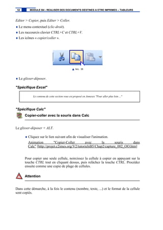 Editer > Copier, puis Editer > Coller.
♦ Le menu contextuel (clic-droit).
♦ Les raccourcis clavier CTRL+C et CTRL+V.
♦ Les icônes « copier/coller ».
IMG. 38
♦ Le glisser-déposer.
"Spécifique Excel"
Le contenu de cette section vous est proposé en Annexes "Pour aller plus loin ..."
"Spécifique Calc"
Copier-coller avec la souris dans Calc
Le glisser-déposer + ALT.
♦ Cliquez sur le lien suivant afin de visualiser l'animation.
Animation "Copier-Coller avec la souris dans
Calc" [http://projet.c2imes.org/V2/tutorielsB5/Chap2/capture_002_OO.htm]
Pour copier une seule cellule, noircissez la cellule à copier en appuyant sur la
touche CTRL tout en cliquant dessus, puis relâchez la touche CTRL. Procédez
ensuite comme une copie de plage de cellules.
Attention
Dans cette démarche, à la fois le contenu (nombre, texte, ...) et le format de la cellule
sont copiés.
52 MODULE B4 - REALISER DES DOCUMENTS DESTINES A ETRE IMPRIMES – TABLEURS
 