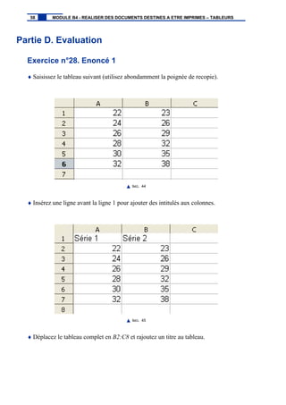 Partie D. Evaluation
Exercice n°28. Enoncé 1
♦ Saisissez le tableau suivant (utilisez abondamment la poignée de recopie).
IMG. 44
♦ Insérez une ligne avant la ligne 1 pour ajouter des intitulés aux colonnes.
IMG. 45
♦ Déplacez le tableau complet en B2:C8 et rajoutez un titre au tableau.
58 MODULE B4 - REALISER DES DOCUMENTS DESTINES A ETRE IMPRIMES – TABLEURS
 