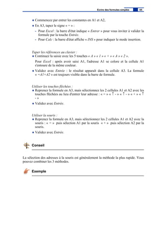 ♦ Commencez par entrer les constantes en A1 et A2,
♦ En A3, tapez le signe « = » :
- Pour Excel : la barre d'état indique « Entrer » pour vous inviter à valider la
formule par la touche Entrée.
- Pour Calc : la barre d'état affiche « INS » pour indiquer le mode insertion.
Taper les références au clavier :
♦ Continuez la saisie avec les 5 touches « A » « 1 » « + » « A » « 2 ».
Pour Excel : après avoir saisi A1, l'adresse A1 se colore et la cellule A1
s'entoure de la même couleur.
♦ Validez avec Entrée : le résultat apparaît dans la cellule A3. La formule
« =A1+A2 » est toujours visible dans la barre de formule.
Utiliser les touches fléchées :
♦ Reprenez la formule en A3, mais sélectionnez les 2 cellules A1 et A2 avec les
touches fléchées au lieu d'entrer leur adresse : « = » « ↑ - » « ↑ - » « + » « ↑
- »
♦ Validez avec Entrée.
Utiliser la souris :
♦ Reprenez la formule en A3, mais sélectionnez les 2 cellules A1 et A2 avec la
souris : « = » puis sélection A1 par la souris « + » puis sélection A2 par la
souris.
♦ Validez avec Entrée.
Conseil
La sélection des adresses à la souris est généralement la méthode la plus rapide. Vous
pouvez combiner les 3 méthodes.
Exemple
Ecrire des formules simples 65
 