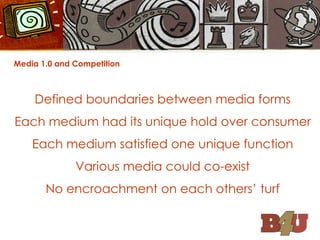 Media 1.0 and Competition Defined boundaries between media forms Each medium had its unique hold over consumer Each medium satisfied one unique function Various media could co-exist No encroachment on each others’ turf 