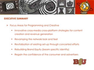 EXECUTIVE SUMMARY Focus Areas for Programming and Creative Innovative cross-media cross-platform strategies for content creation and revenue generation Revamping the network look and feel Revitalization of existing set-up through concerted efforts Rebuilding Brand Equity (beam specific identity) Regain the confidence of the consumer and advertisers 